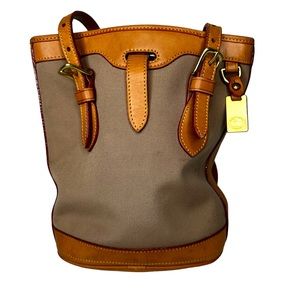 Dooney & Bourke Vintage Canvas Leather Trim Cabriolet Shoulder Bucket Bag Tan